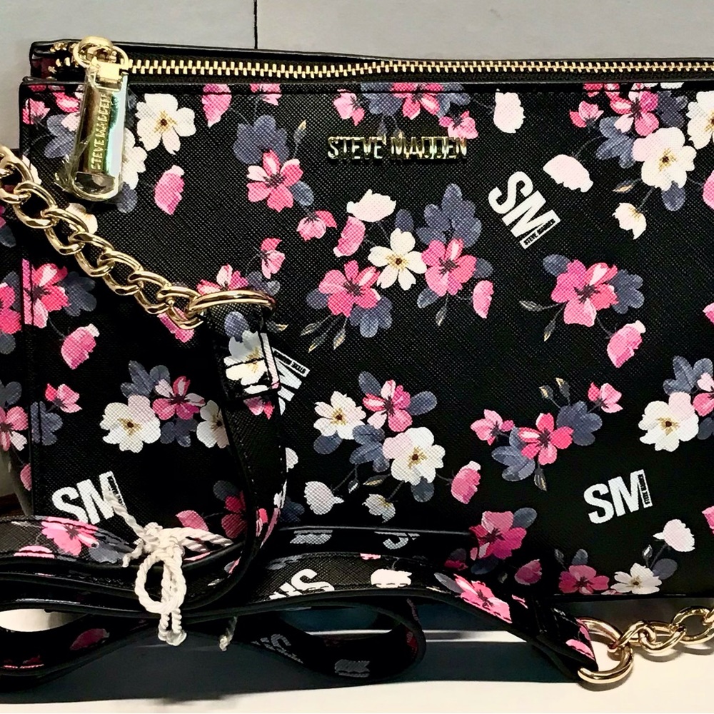 Steve Madden crossover purse. Black with pink floral.